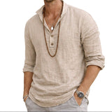Herren-Langarmhemd mit Henley-Ausschnitt und Knopfleiste – Beige