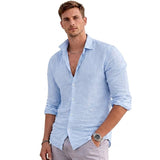 Herren-Leinenhemd mit Knopfleiste und Umlegekragen – Blau