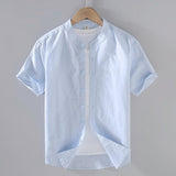Herren-Leinenhemd mit Kurzarm und Stehkragen – Pastellblau