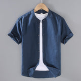 Herren-Leinenhemd mit Kurzarm und Stehkragen – Marineblau