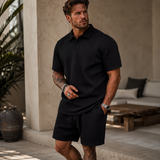 Herren Poloshirt und Shorts Set mit Diagonalem Strukturmuster – Schwarz