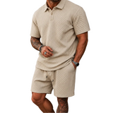 Herren Poloshirt und Shorts Set mit Diagonalem Strukturmuster – Beige
