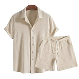 Herren Set aus Kurzarmhemd mit Knopfleiste und Shorts mit Kordelzug – Beige