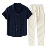 Herren-Set aus Kurzarmhemd mit Reverskragen und Hose mit Kordelzug – Blau