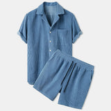 Herren Set aus Kurzarmhemd mit Reverskragen und Shorts mit Kordelzug – Blau