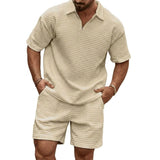 Herren-Set aus Poloshirt mit Viertelreißverschluss und Shorts mit Gitterstruktur – Khaki