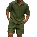 Herren-Set aus Poloshirt mit Viertelreißverschluss und Shorts mit Gitterstruktur – Grün