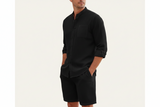Herren Set mit Hemd mit Stehkragen und Shorts mit Kordelbund – Schwarz