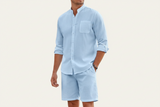 Herren Set mit Hemd mit Stehkragen und Shorts mit Kordelbund – Hellblau