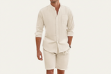 Herren Set mit Hemd mit Stehkragen und Shorts mit Kordelbund – Beige