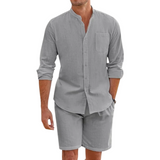 Herren Set mit Hemd mit Stehkragen und Shorts mit Kordelbund – Grau