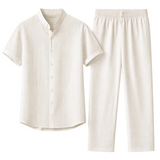 Herren Set mit Kurzarmhemd mit Stehkragen und Knopfleiste sowie Hose mit elastischem Bund – Beige