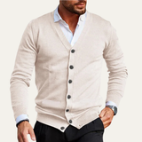Herren Strickjacke mit Knopfleiste, V-Ausschnitt und Rippbündchen – Beige