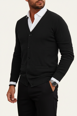 Herren Strickjacke mit Knopfleiste, V-Ausschnitt und Rippbündchen – Schwarz