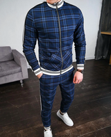 Herren Zweiteiler Set mit Stehkragenjacke und karierten Hosen – Blau