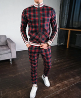 Herren Zweiteiler Set mit Stehkragenjacke und karierten Hosen – Rot