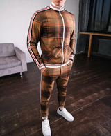 Herren Zweiteiler Set mit Stehkragenjacke und karierten Hosen – Orange