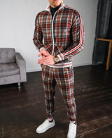 Herren Zweiteiler Set mit Stehkragenjacke und karierten Hosen – Braun