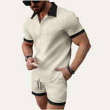 Herren zweiteiliges Set mit Kurzarmhemd mit Knopfleiste und Shorts mit elastischem Bund und Kordelzug – Hellgelb