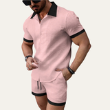 Herren zweiteiliges Set mit Kurzarmhemd mit Knopfleiste und Shorts mit elastischem Bund und Kordelzug – Hellrosa