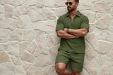 Herren Zweiteiliges Set mit Kurzarmshirt und Shorts mit Struktur – Dunkelgrün