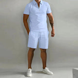 Herren Zweiteiliges Set Poloshirt mit Reißverschluss und kurze Hose – Hellblau