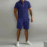 Herren Zweiteiliges Set Poloshirt mit Reißverschluss und kurze Hose – Marineblau
