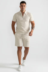 Herren Zweiteiliges Set Poloshirt mit Reißverschluss und kurze Hose – Khaki