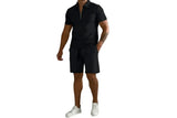 Herren Zweiteiliges Set Poloshirt mit Reißverschluss und kurze Hose – Schwarz