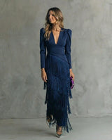 Nipuni - Elegantes Kleid Mit Fransenärmeln – Blau