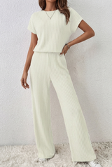 ElevenOra Stilvoller Cremeweißer Reißverschluss-Stehkragen Oversized Kurzarmpullover & Weitbeinige Hose - Geripptes Strick-Zweiteiliges Ensemble – Cremeweiß