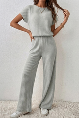 ElevenOra Stilvoller Cremeweißer Reißverschluss-Stehkragen Oversized Kurzarmpullover & Weitbeinige Hose - Geripptes Strick-Zweiteiliges Ensemble – Grau