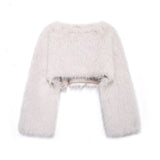 Cropped Kunstfell Pullover mit weiten Ärmeln für Damen – Weiß