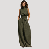 Ilaria | Damen Zweiteiler Rollkragen Oberteil Weite Hose Set – Militärgrün