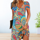 Ilonka | Damen Blumenkleid V-Ausschnitt Kurzarm Sommerkleid – Hellblau