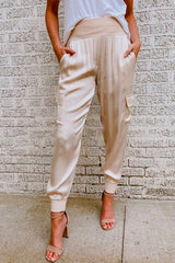 Ilvara | Damen High Waist Cargohose mit Taschen – Champagner