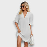 Maivelle – Sommerkleid mit Faltenärmeln und V-Ausschnitt – Weiß