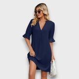 Maivelle – Sommerkleid mit Faltenärmeln und V-Ausschnitt – Dunkelblau
