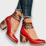Ginevra – Stiefeletten mit Mehrfachriemen und Blockabsatz – Schlangenhaut Rot