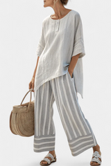 Fiorella – elegante asymmetrische Bluse und gestreifte Hose – Mehrfarbig