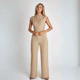 Hannah | Weites Bein Ärmellos Jumpsuit – Beige