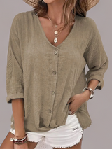 Damenbluse aus Leinen mit Knopfleiste und lockerer Passform – Khaki