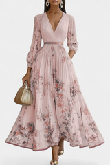 Phaedra Langes Plissiertes Chiffonkleid mit Puffärmeln – Rosa