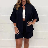 Damen Sommer Geknöpft Hemd und Shorts Zweiteiler Set – Schwarz