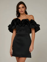 Mia | Satin Ruffle Off Shoulder Kleid – Schwarz