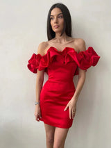 Novessa – Elegantes schulterfreies Rüschenkleid – Rot