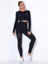 Lea | Nahtloses 2-teiliges Sportset mit Struktur-Design – Schwarz