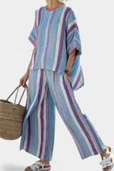 Ginevra – elegantes mauve Pastelloberteil und gestreifte Leinenhose – Mehrfarbig