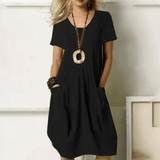 Damen Kleid | Kurzarm Knielanges Kleid mit Schlichter Schnittform – Schwarz