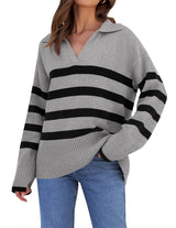 Gestreifter Strickpullover mit Kragen für Damen | Perfekt für alle Jahreszeiten – Grau